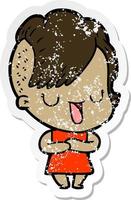 distressed sticker of a cute cartoon girl with hipster haircut vector