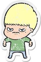 distressed sticker of a annoyed cartoon boy vector