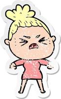 distressed sticker of a cartoon angry woman vector