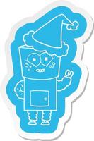 happy cartoon  sticker of a robot waving hello wearing santa hat vector