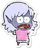 distressed sticker of a cartoon shocked elf girl vector