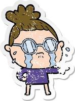 distressed sticker of a cartoon crying woman wearing spectacles vector