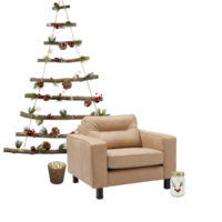 sofá y adornos navideños aislado sobre fondo blanco con trazado de recorte png