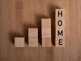 HOME concept with wooden block on wooden photo