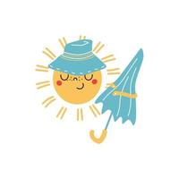 lindo personaje de sol con sombrero y paraguas. vector