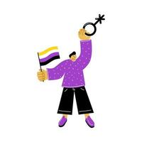 Non-binary pesron with flag and gender sign. vector