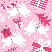 Christmas pink seamless pattern with rabbits and gifts. vector