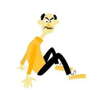 Male character fell down sitting on the floor with angry face. vector