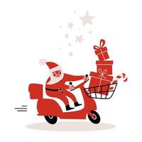 Santa Claus driving scooter delivering present boxes. vector