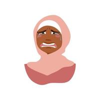 Crying muslim girl in hijab. Young woman vector portrait.