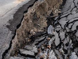 Cracked surface of an asphalt road photo