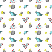 Delicate print, Space rocket, round planets and moon, yellow stars, seamless square pattern png