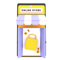 3d online shopping store with mobile, shopping bag icon ecommerce illustration png