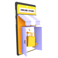 3D-Online-Shopping-Shop mit Handy, Einkaufstasche-Icon-E-Commerce-Illustration