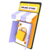 Tienda de compras en línea 3d con móvil, ilustración de comercio electrónico de icono de bolsa de compras png