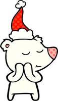 happy comic book style illustration of a polar bear wearing santa hat vector