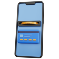 smartphone preto de renderização 3D com cartão de crédito e moeda isolada png