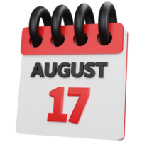 3d rendering calendar august with the number seventeen isolated png