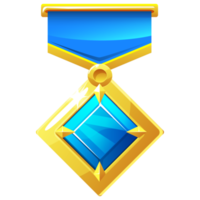 medaglia d'oro rombo con diamante blu per il gioco. illustrazione di un premio con una gemma. png
