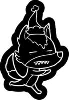 cartoon icon of a wolf showing teeth wearing santa hat vector