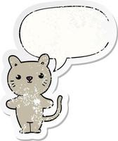 cartoon cat and speech bubble distressed sticker vector