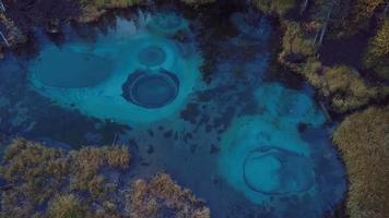 floresta de outono e lago geyser com água azul clara perto da aldeia de aktash nas montanhas altai, rússia
