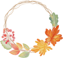 hojas de otoño acuarela en marco de corona de ramita seca png