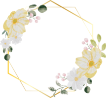 flor de primavera colorida desenhada à mão em aquarela e grinalda de buquê de folha verde com moldura de ouro png