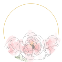 loose line art poeny flower bouquet wreath with golden frame png