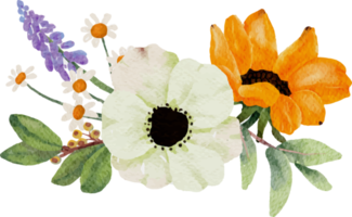 girassol aquarela e elementos de buquê de flores de anêmona branca