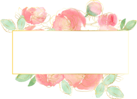 cadre de bouquet de fleurs roses en vrac aquarelle avec insigne d'art en ligne d'or png