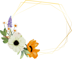 girassol amarelo aquarela e coroa de buquê de flores de anêmona branca com moldura de ouro