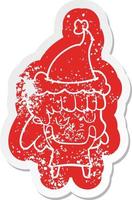 cartoon distressed sticker of a indifferent woman wearing santa hat vector