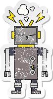 distressed sticker of a cute cartoon malfunctioning robot vector