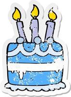 pegatina angustiada de un pastel de cumpleaños de dibujos animados vector