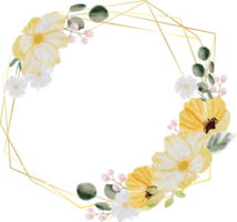 watercolor hand drawn colorful spring flower and green leaf bouquet wreath with gold frame png