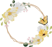 acuarela dibujada a mano colorida flor de primavera y corona de ramo de hojas verdes con marco de ramita seca png