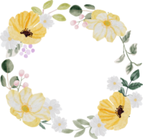 watercolor hand drawn colorful spring flower and green leaf bouquet wreath with gold frame png