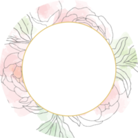 loose line art poeny flower bouquet wreath with golden frame png