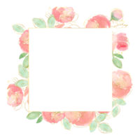 bouquet di fiori di rosa sciolti ad acquerello con badge banner quadrato oro linea arte png
