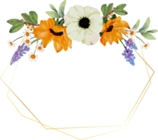 couronne de bouquet de fleurs de tournesol jaune aquarelle et anémone blanche avec cadre doré png