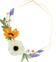 watercolor yellow sunflower and white anemone flower bouquet wreath with gold frame png