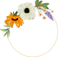 acuarela amarillo girasol y anémona blanca ramo de flores corona marco dorado png