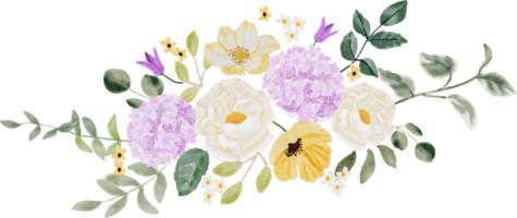 aquarel witte camelia en paarse hortensia bloemboeket png