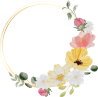 corona di bouquet di fiori primaverili colorati disegnati a mano ad acquerello e foglie verdi con cornice dorata png