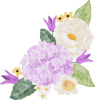 camélia branca aquarela e buquê de flores de hortênsia roxa png