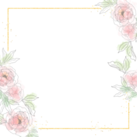 loose watercolor doodle line art peony flower bouquet with gold glitter frame minimal square banner background png