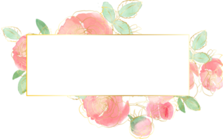 cadre de bouquet de fleurs roses en vrac aquarelle avec insigne d'art en ligne d'or png