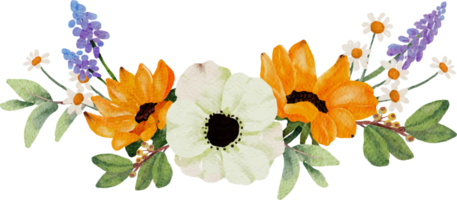watercolor sunflower and white anemone flower bouquet elements png
