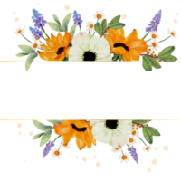 girassol amarelo aquarela e buquê de flores de anêmona branca fundo de banner de moldura de grinalda png